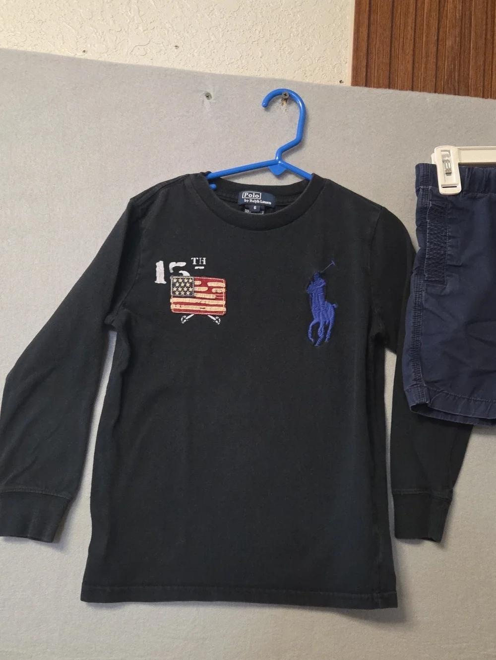 Polo Ralph Lauren Boys Size 5 Set Black Big Pony Long Sleeve Tee & Navy Shorts
